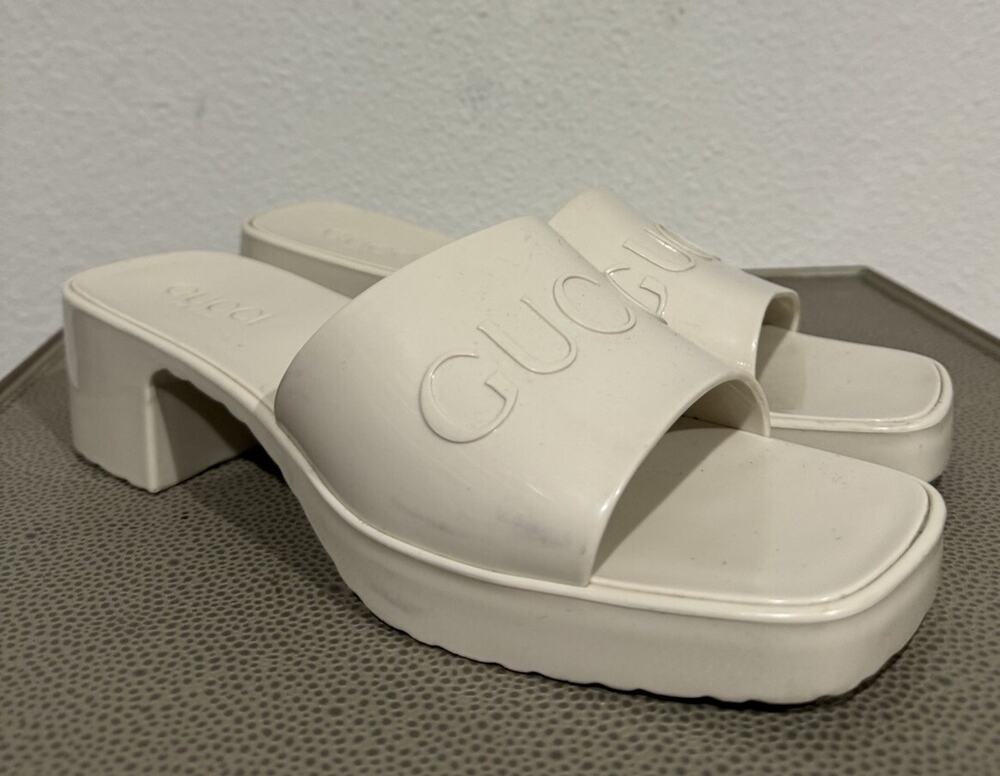 Gucci Shoe White Rubber Slide Open Square Toe With Heel Size 41 (fits 10.5)
